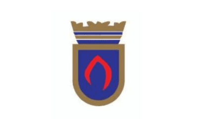 Blue and gold shield emblem with a red flame