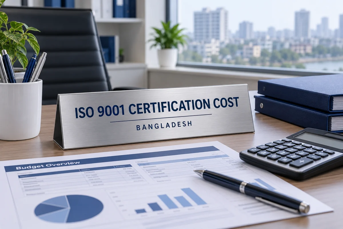Silver ISO 9001 certification cost plaque with calculator and budget worksheet in a Bangladesh office