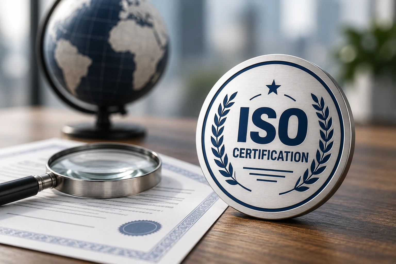 Verify an ISO certificate in Bangladesh: document review with magnifying glass and certification plaque