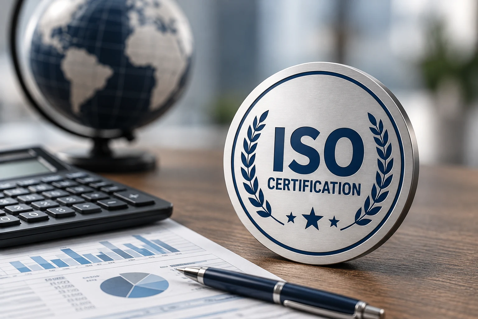 ISO certification cost in Bangladesh: calculator and budget worksheet beside a certification plaque