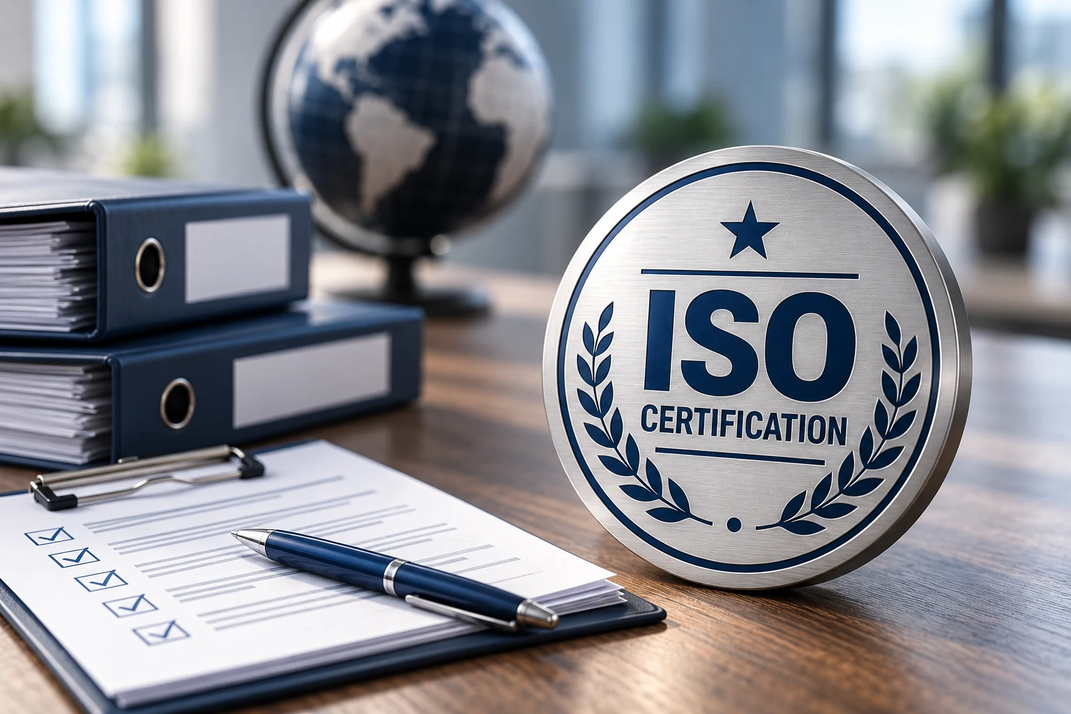 ISO certification documents in Bangladesh: organized audit files beside a certification plaque