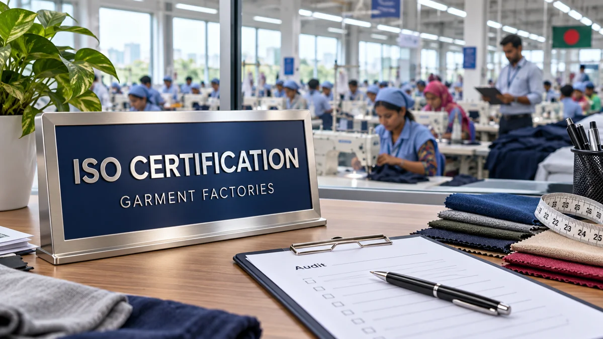 ISO Certification for Garment Factories in Bangladesh — illustrative plaque, audit clipboard and fabric swatches
