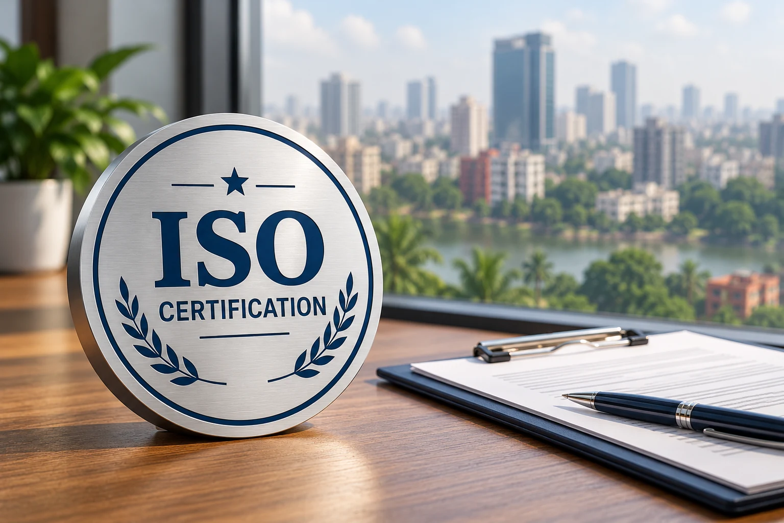 ISO Certification in Dhaka: silver certification plaque and audit documents with a city skyline in the background