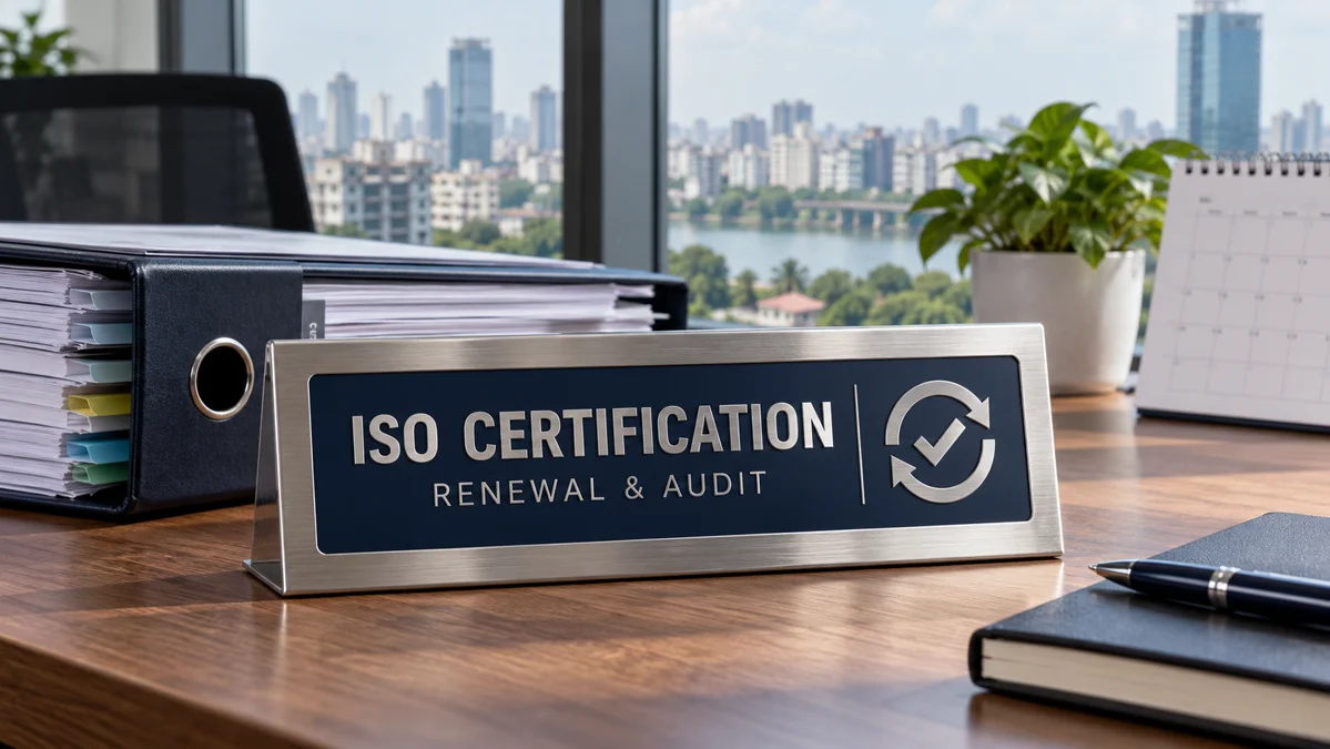 ISO Certification Renewal in Bangladesh — renewal plaque, audit folder and calendar