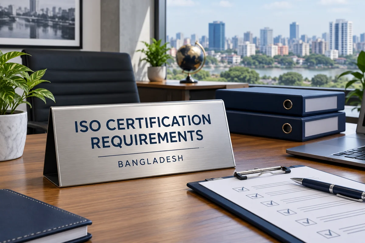 Silver ISO certification requirements plaque beside folders and a preparation checklist in a Bangladesh office
