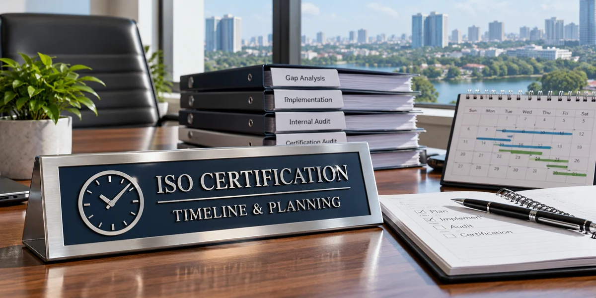 ISO Certification Timeline in Bangladesh: 7 Smart Steps 1 ISO Certification Timeline in Bangladesh — calendar, audit folders and planning plaque