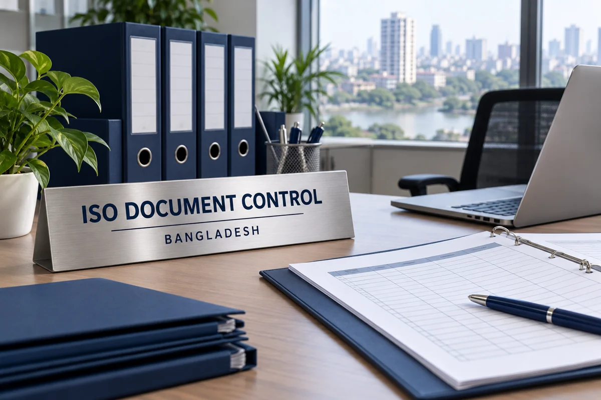Silver ISO document control plaque with navy folders and a document register in a Bangladesh office