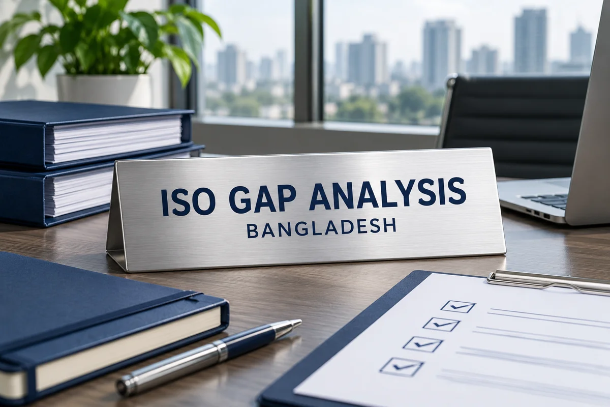 Silver ISO gap analysis plaque with folders and checklist in a Bangladesh office
