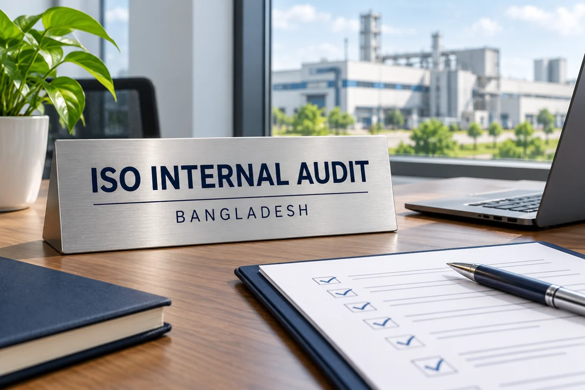 Silver ISO internal audit plaque beside an audit checklist and laptop in a Bangladesh office