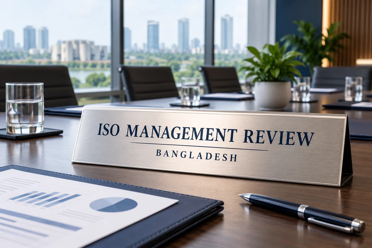 Silver ISO management review plaque in a Bangladesh office meeting room